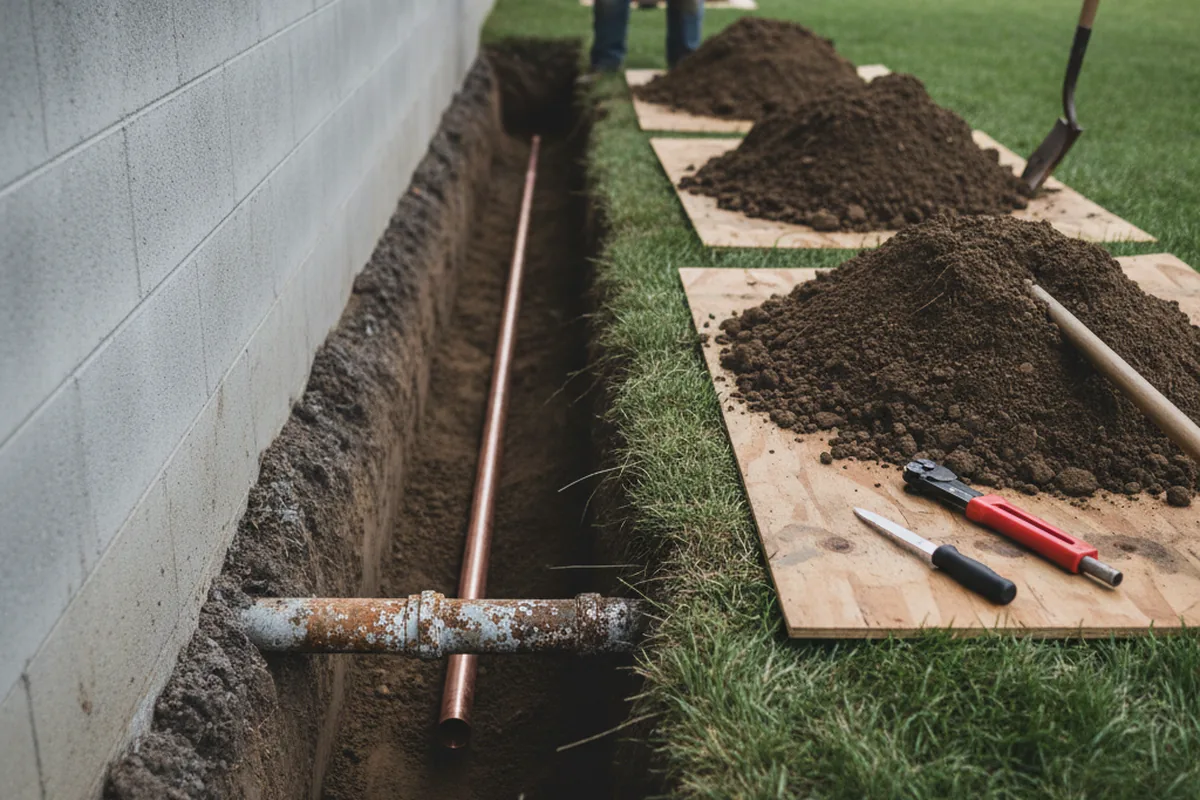 Excavated water line trench during Water Softener Installation in Gould